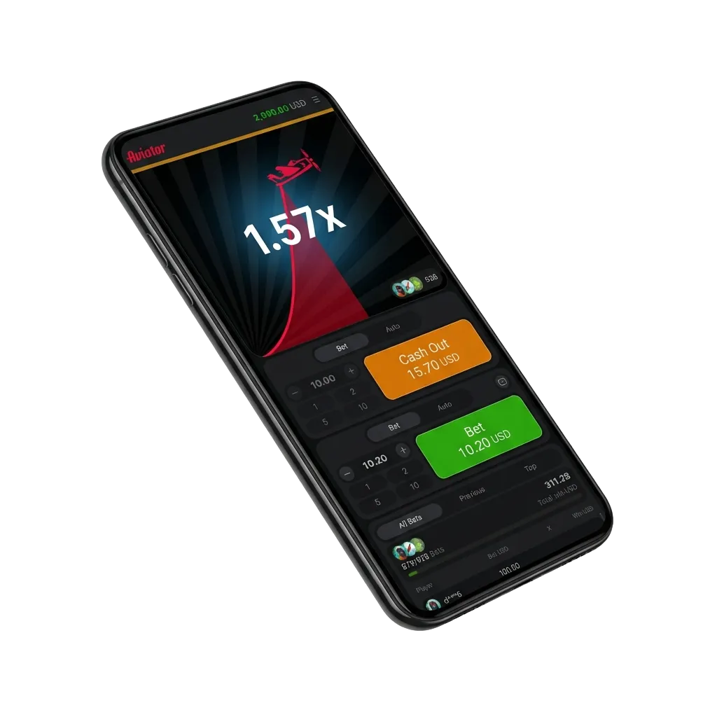 Smartphone displaying Aviator casino game app with payment options and welcome bonus offer for real money play